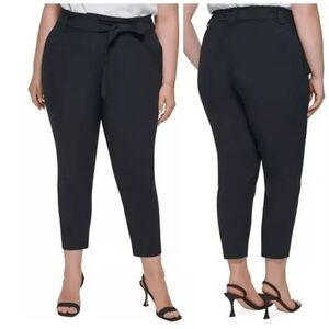 Calvin Klein Plus Size Black Tie-Belt Straight-Leg Pants 14W